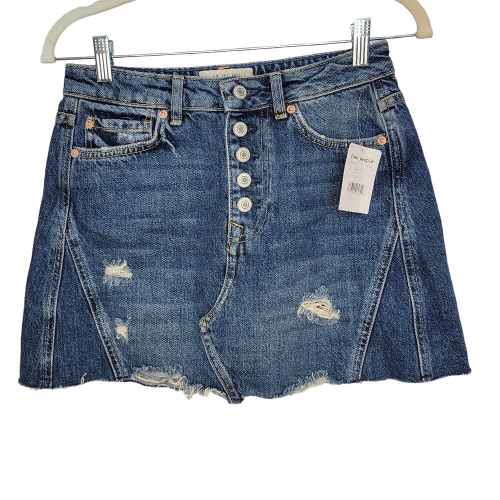 Free People A-Line Denim Distressed Mini Skirt Button Fly Jean Skirt Women US 26 - Picture 2 of 9